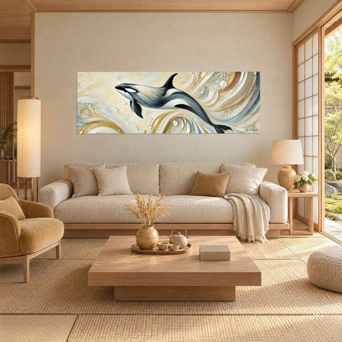 Gemälde eines schwarzweißen Orcas, der in elfenbeinfarbenen und goldenen Wellen springt, über einem Sofa in einem hellen Wohnzimmer