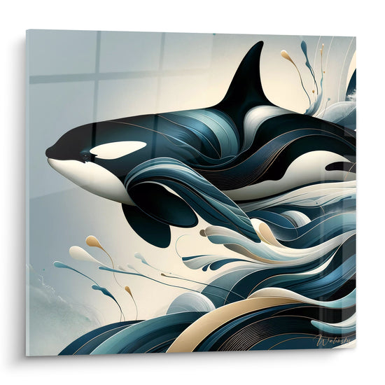Tableau Orque noire aux vagues dorées stylisées - Souffle des profondeurs - Edition Orque