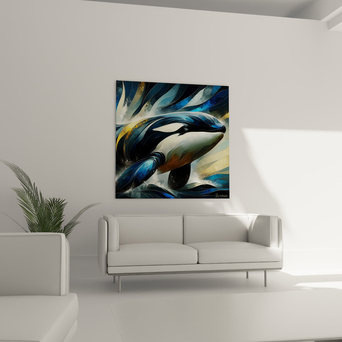 Animal marin graphique aux tons anthracite et ocre, au-dessus d'un canapé dans un salon lumineux