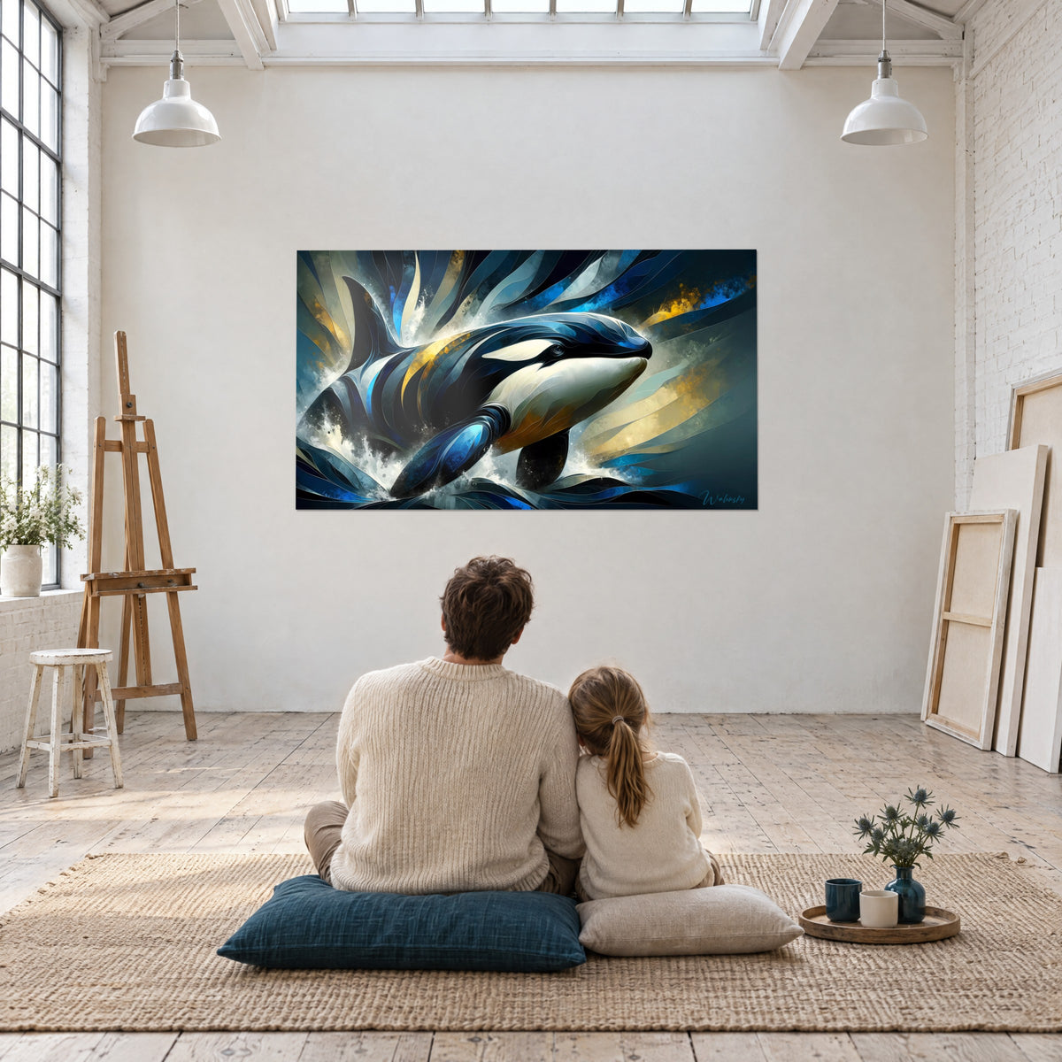 Tableau orque en plein bond, ventre ivoire et dos noir veiné de bleu canard, rayons dorés, un couple de dos assis face au mur