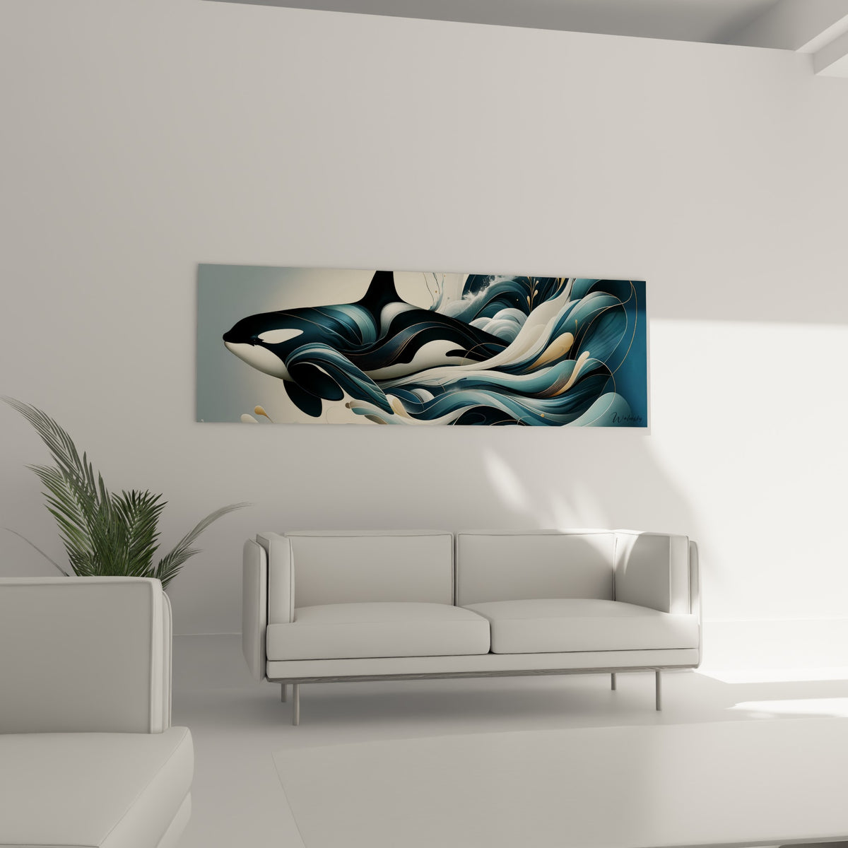Silhouette d'orque anthracite fusionnant avec des vagues crème et or, au-dessus d'un canapé dans un salon lumineux