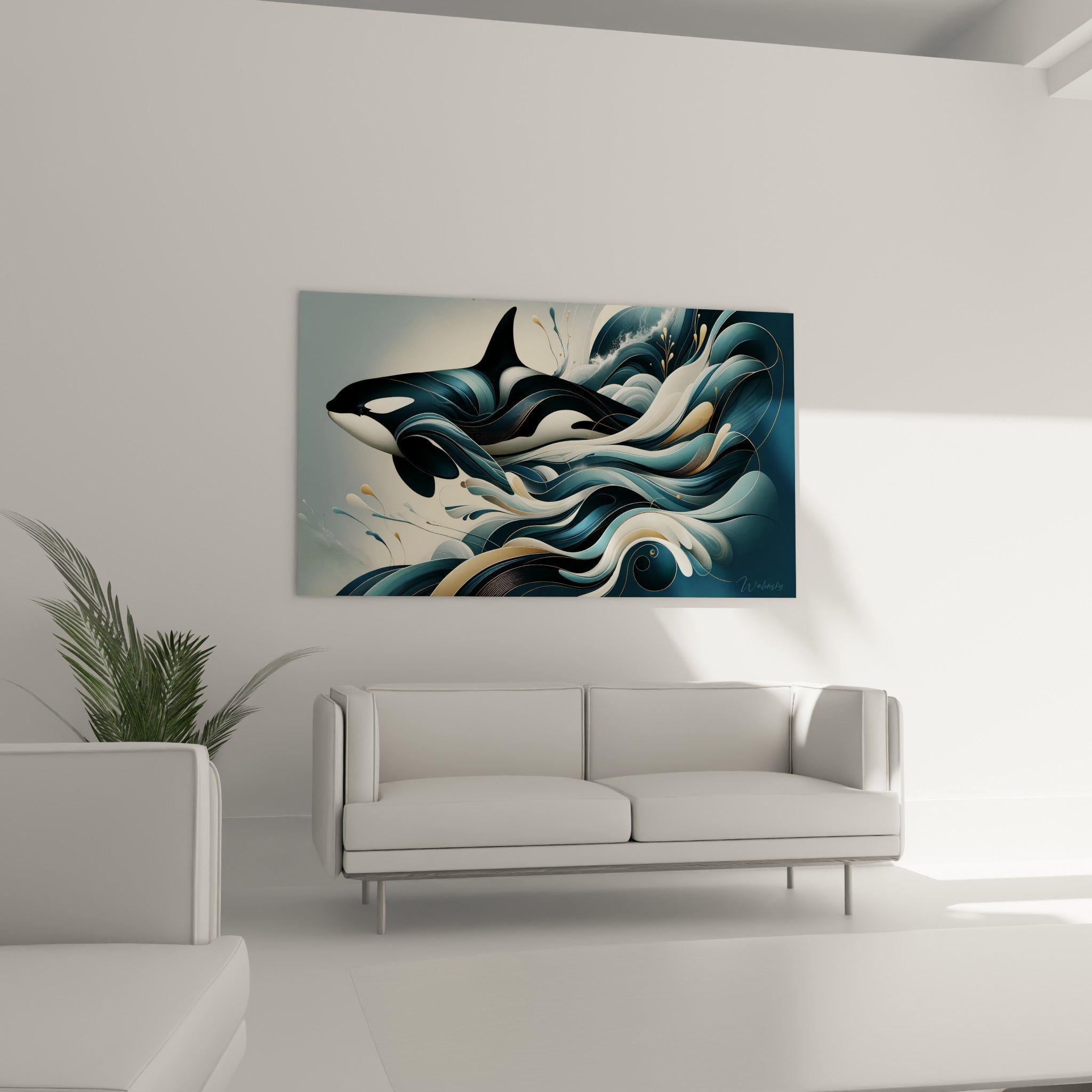 Silhouette marine noire et dorée déployant ses vagues au-dessus d'un canapé dans un salon lumineux