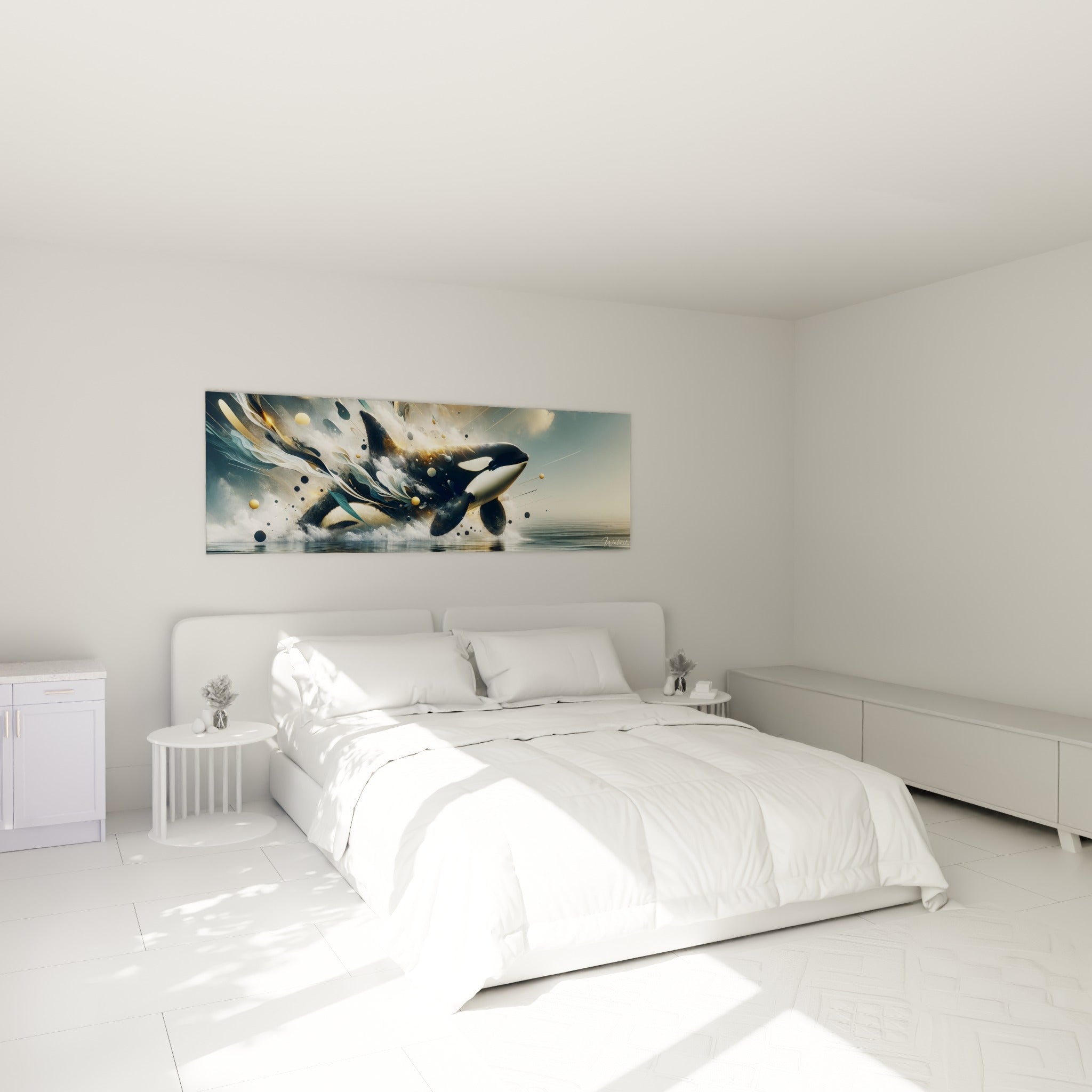 Orque dorée et anthracite en plein saut, accrochée au-dessus d'un lit dans une chambre claire