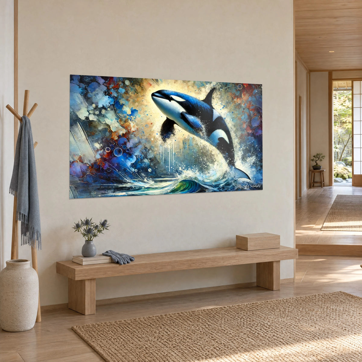 Quadro di un cetaceo in bianco e nero che salta da un'onda verde, alone crema e tocchi ruggine, appeso in un ingresso japandi luminoso