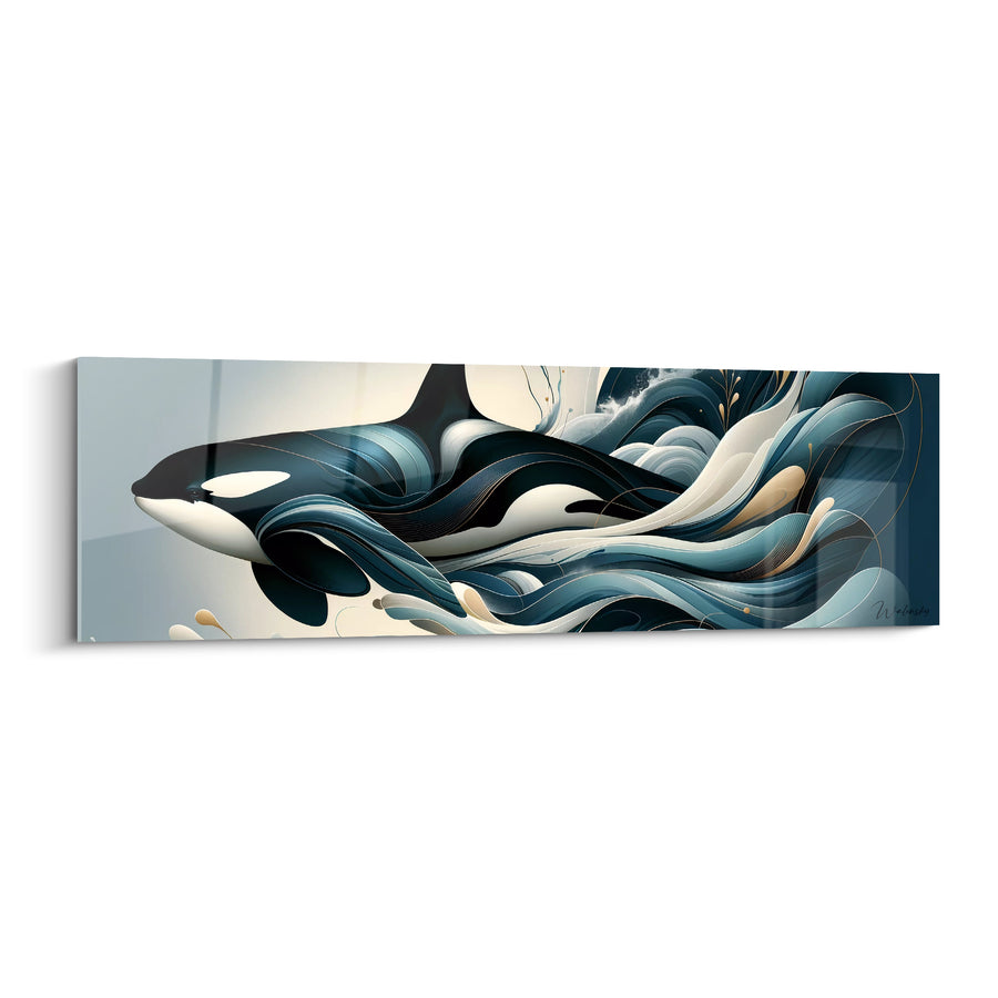 Tableau Orque noire et bleue aux vagues sculptées - Nageoire pectorale déployée - Edition Orque
