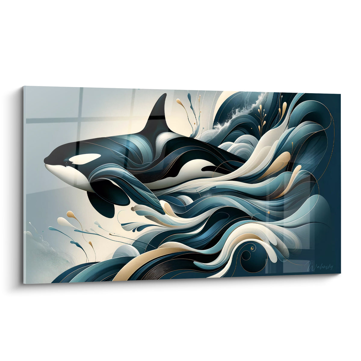 Orque noire et blanche glissant dans des vagues bleu marine et dorées stylisées