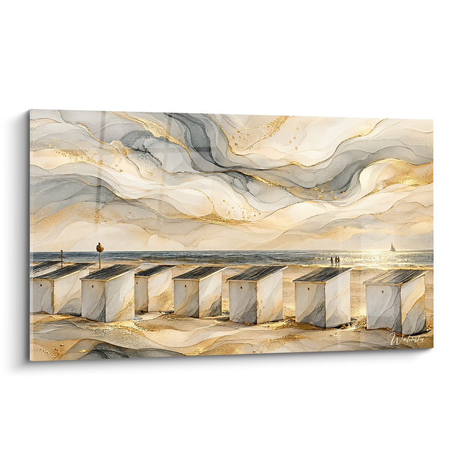 Painting Beach Cabins in Gold and Grey - Evening Light - Ostend Flemish Region Belgium