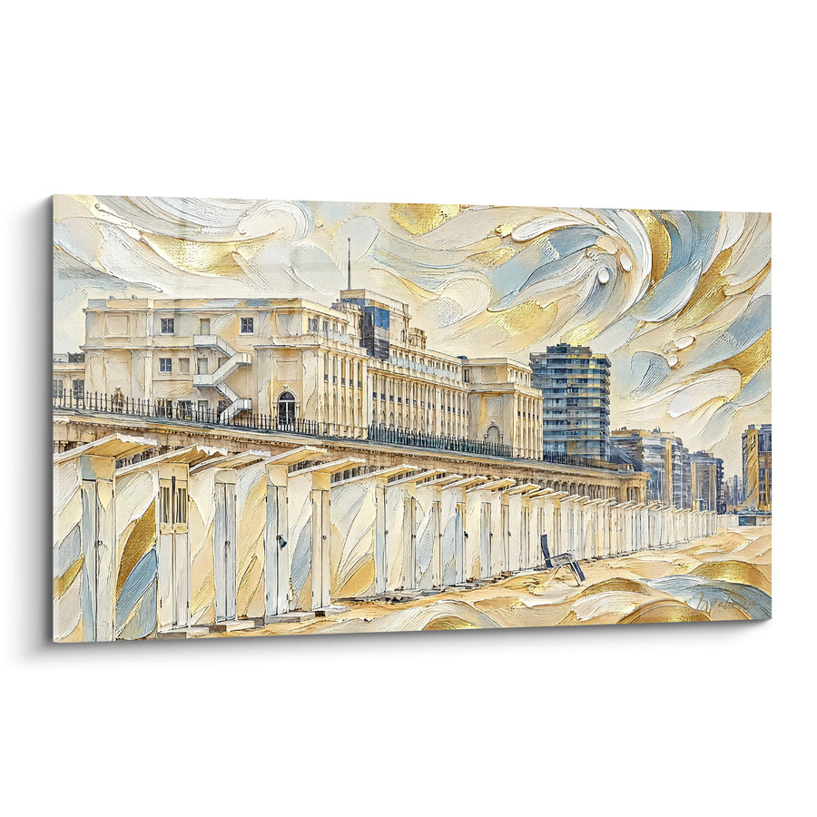 Painting Beach Cabins in Gold and Pastel Blue - Coastal Reverie - Ostend Flemish Region Belgium