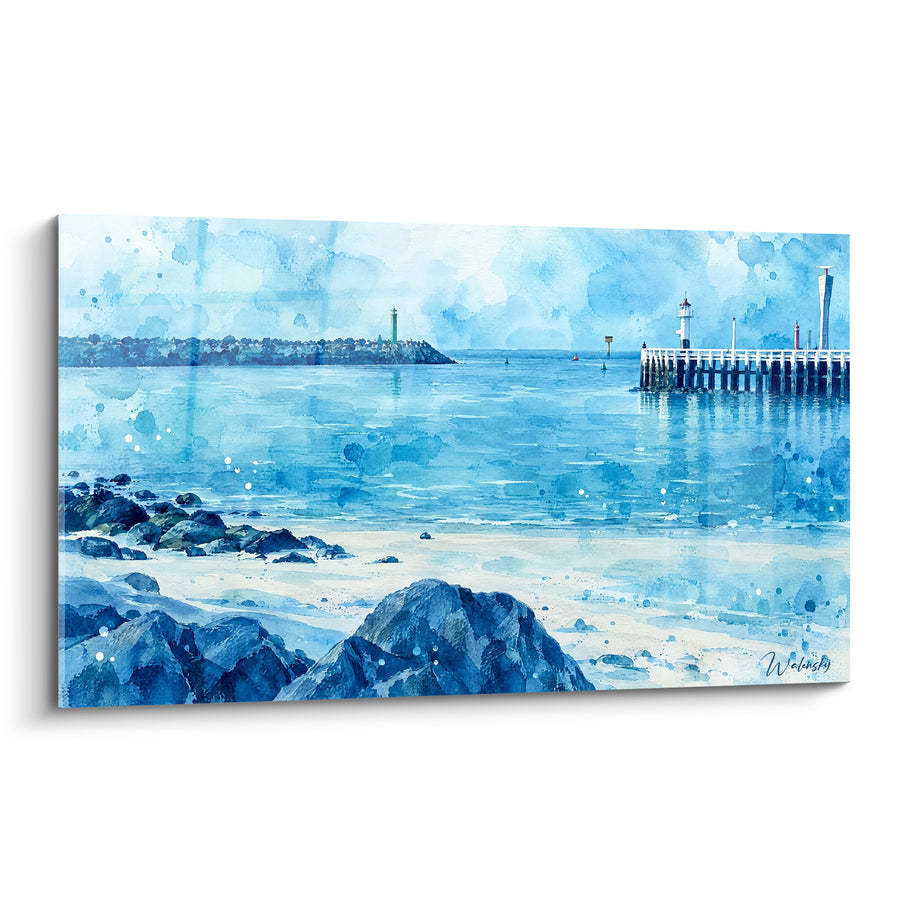 Painting Coastal Pier in Blue and White with Rocks - Calm Sea Mist - Ostend Flemish Region Belgium Edition