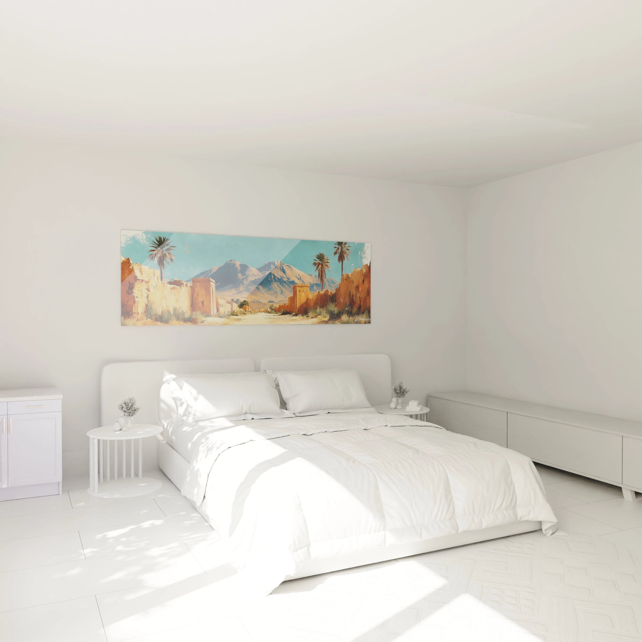 Tableau Egypte mural par Walensky avec paysage désertique et palmiers accroché au-dessus d'un lit blanc moderne