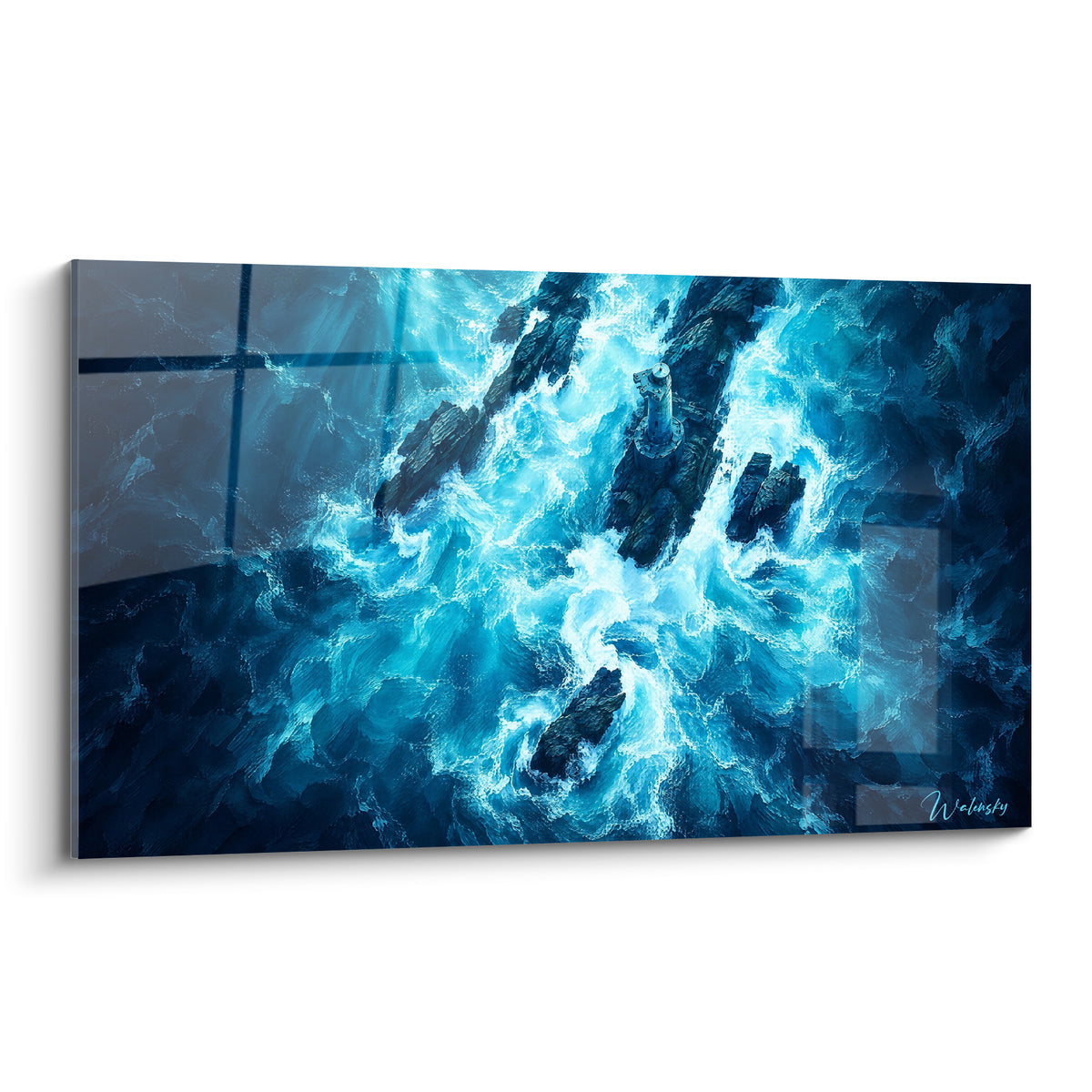 Tableau phare anthracite cerné d'écume turquoise et de rochers sombres, vue plongeante sur mer déchaînée