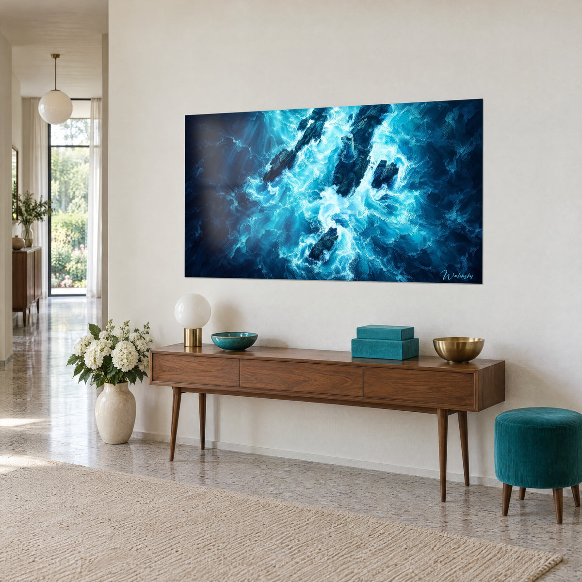 Tableau tempête vue du ciel, tour blanche sur roc noir tourbillonnant d'écume cyan et de bleu marine, sur un mur crème de salon
