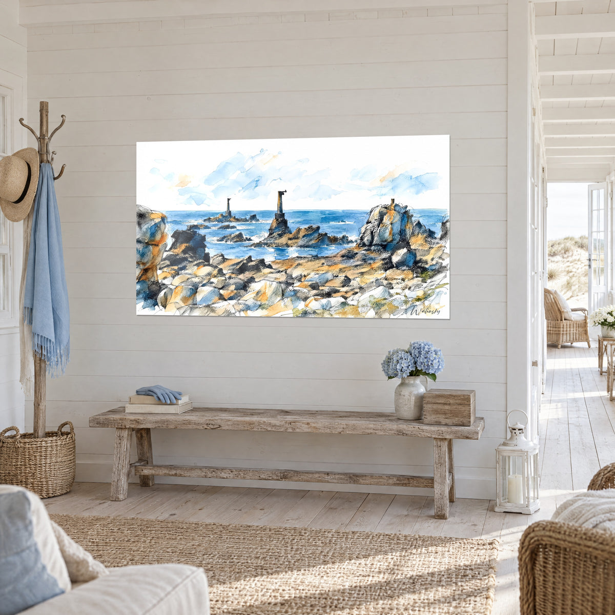 Tableau côte bretonne aquarellée, trois tours dressées sur l'océan azur et granit orangé, dans une entrée de bord de mer