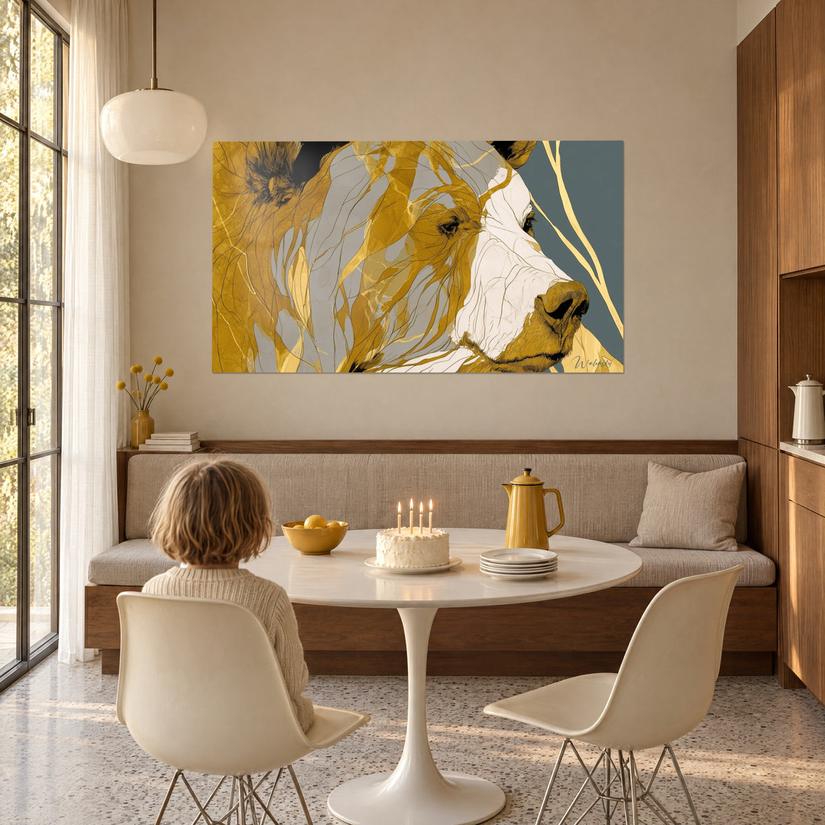 Tableau ours brun stylisé, fourrure moutarde striée de filets noirs, museau blanc, enfant de dos devant un gâteau d'anniversaire dans la salle à manger