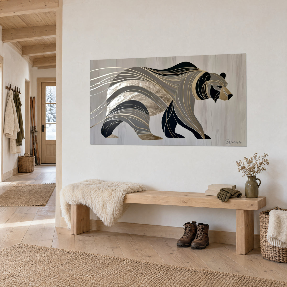 Wall art geometric bear in grey and black, silver highlights, three-quarter view above a light wood bench in a chalet entrance