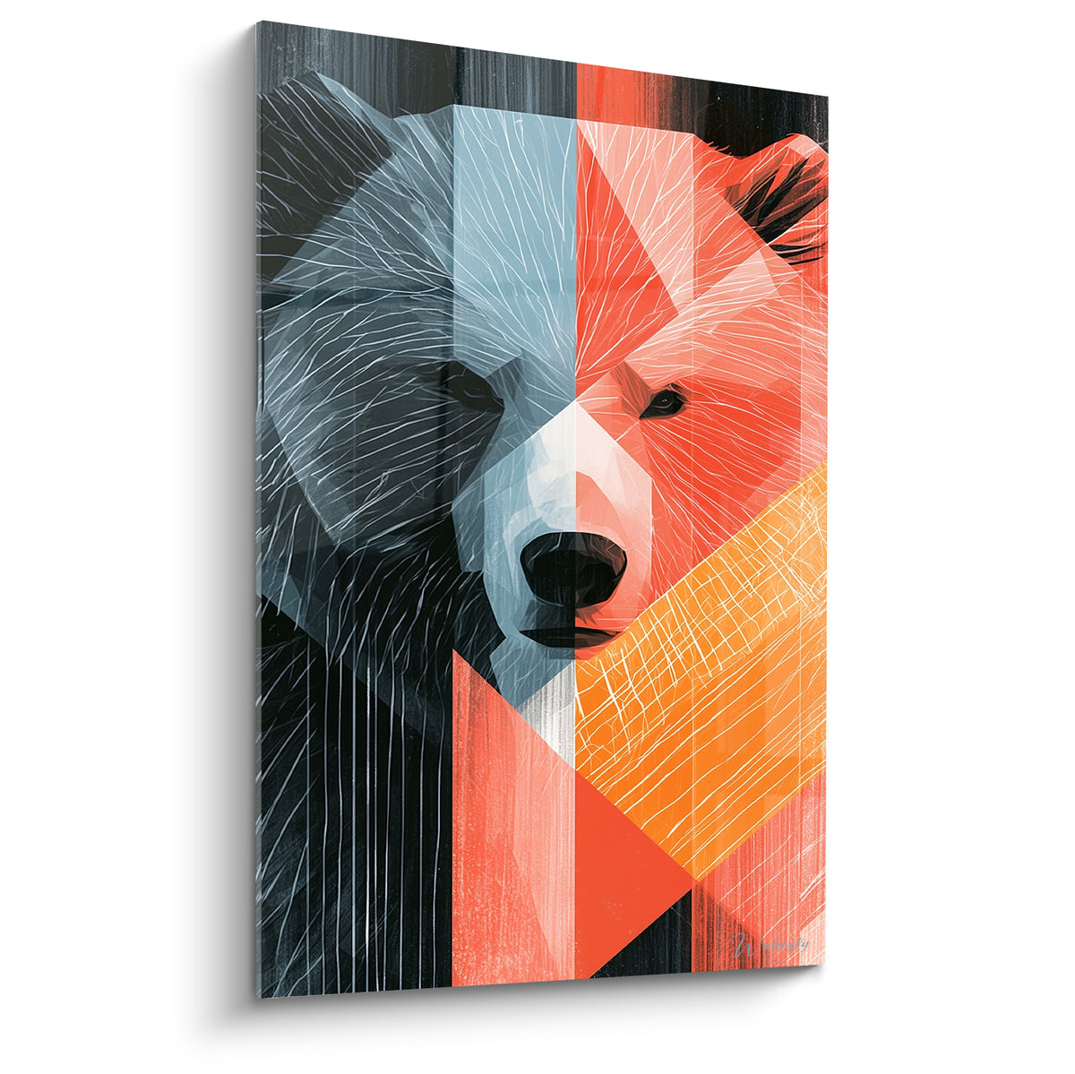 Ours brun au visage divisé entre anthracite glacé et corail flamboyant, texture griffée intense