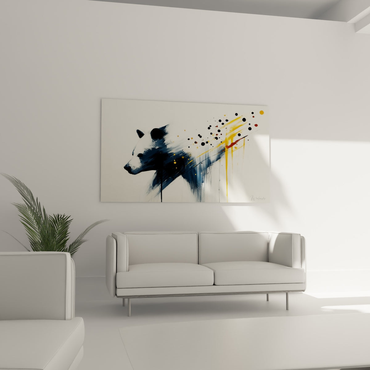 Ours brun anthracite et doré en pleine dissolution picturale, au-dessus d'un canapé dans un salon lumineux