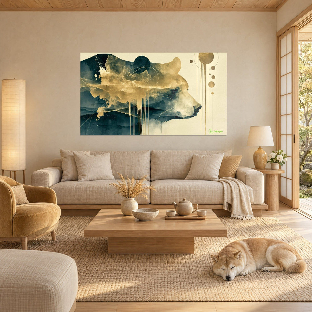 Wall art brown bear in profile in gold and midnight blue, golden drips over cream, sleeping Shiba, above a sofa in a bright living room