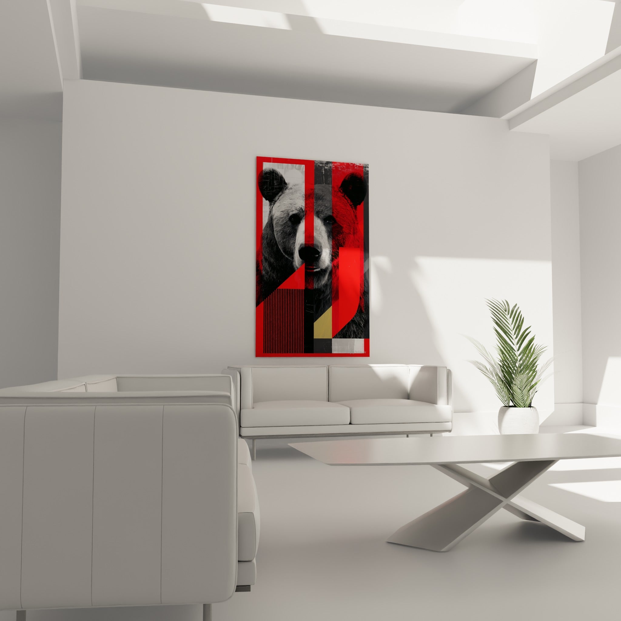 Portrait d'ours brun anthracite et rouge aux rayures noires, disposé au-dessus d'un canapé dans un salon lumineux