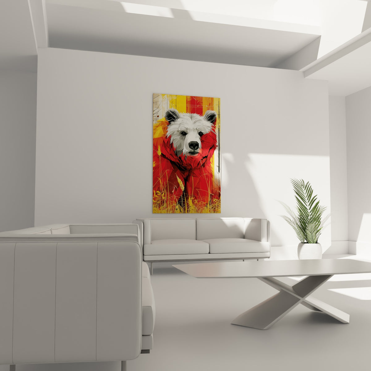 Ours brun anthracite et écarlate sur fond de blé jaune, placé au-dessus d'un canapé dans un salon lumineux