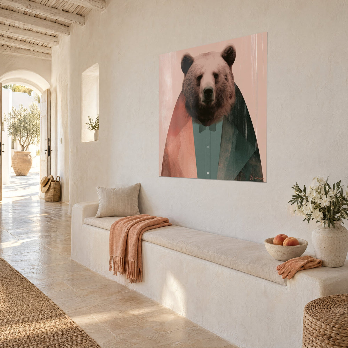 Wall art grizzly bear in a sage bow tie, terracotta and fir green jacket, society portrait on a white limewash wall