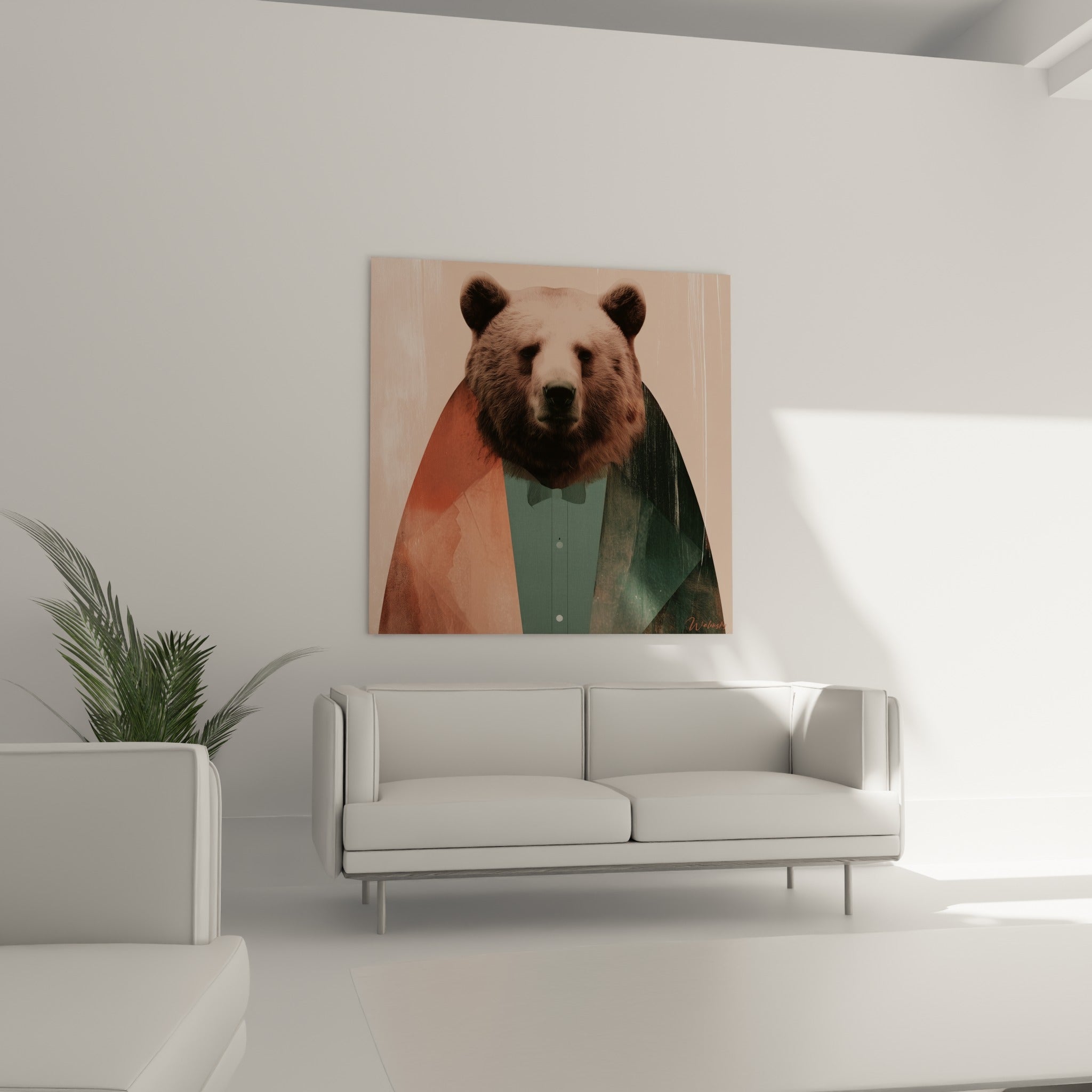 Silhouette d'ours brun élégant en teintes terracotta et anthracite au-dessus d'un canapé dans un salon lumineux