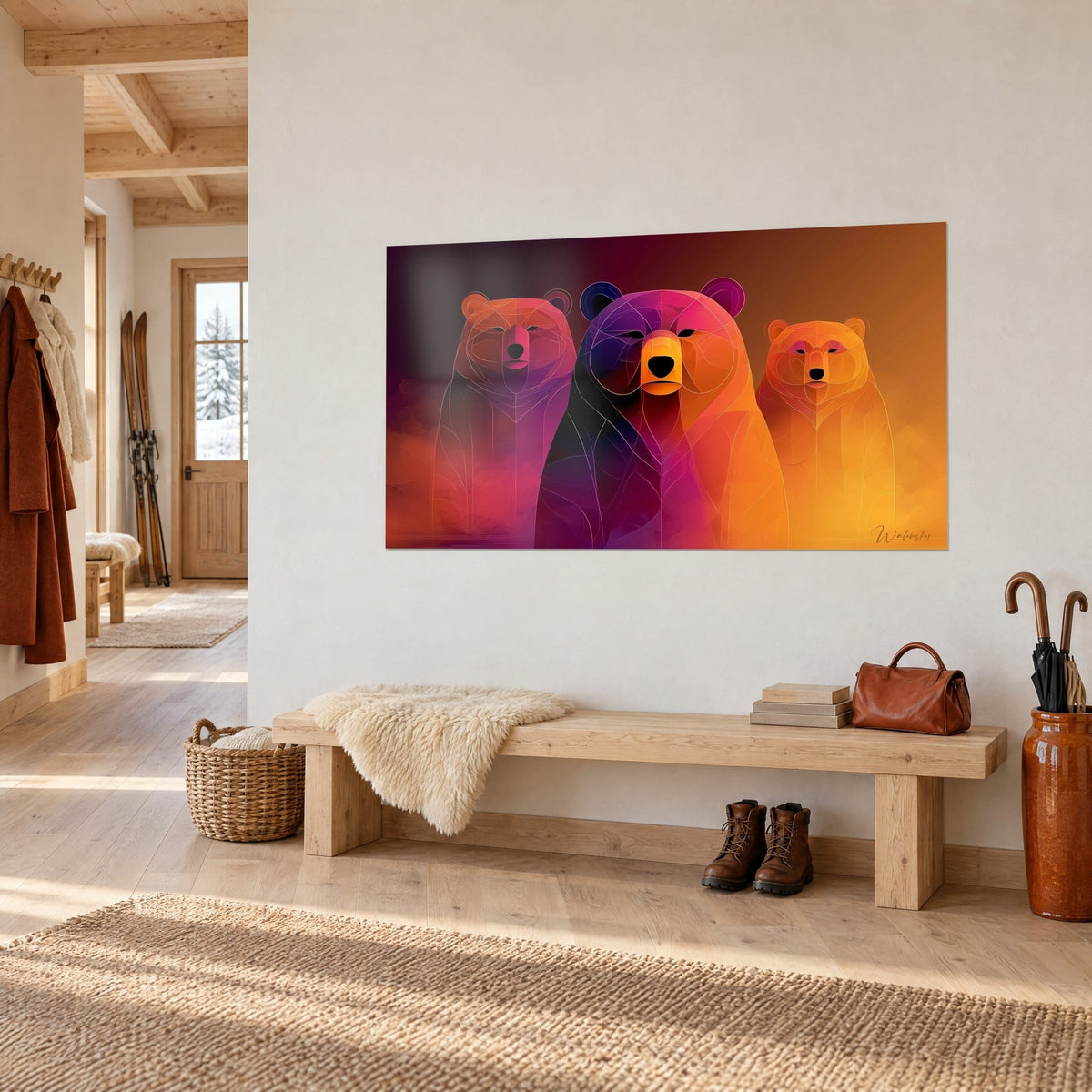 Quadro orsi bruni in campiture magenta e zafferano, musi neri su fondo bordeaux, appeso sopra una panca in legno chiaro