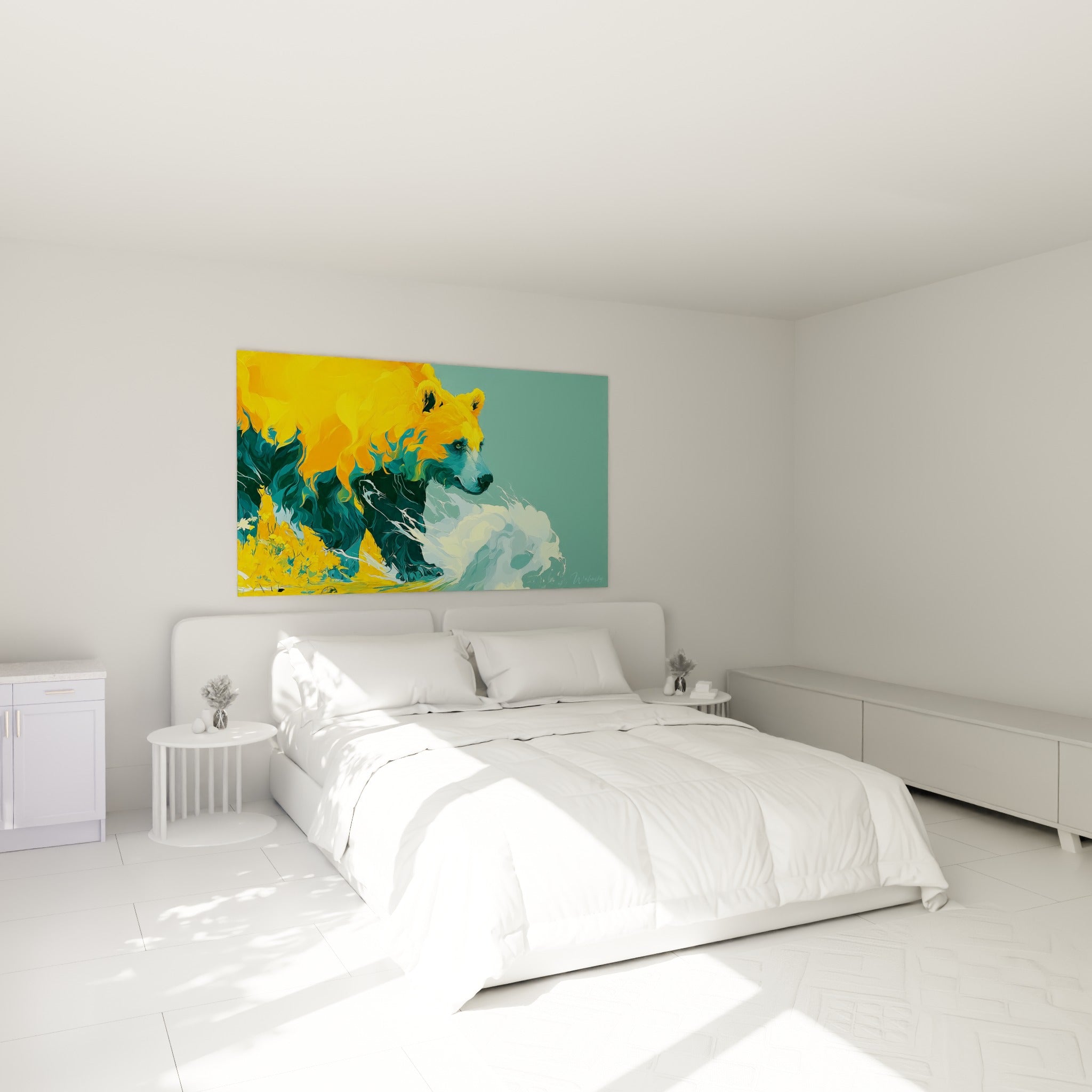 Ours brun aux tons orangés et anthracite accroché au-dessus d'un lit dans une chambre claire