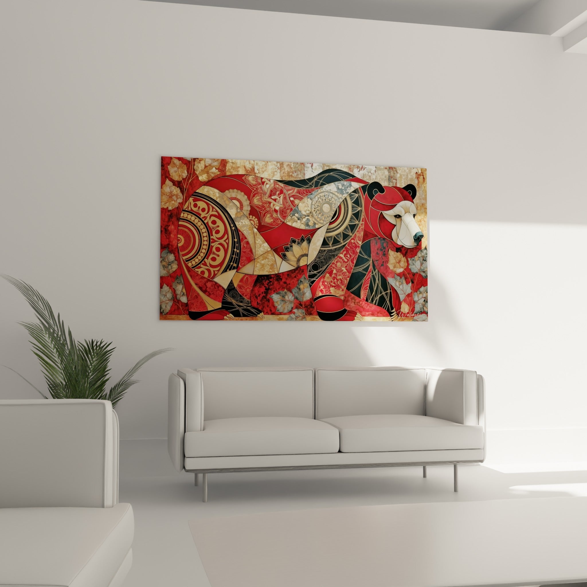 Silhouette d'ours brun rouge et anthracite à motifs géométriques, au-dessus d'un canapé dans un salon lumineux
