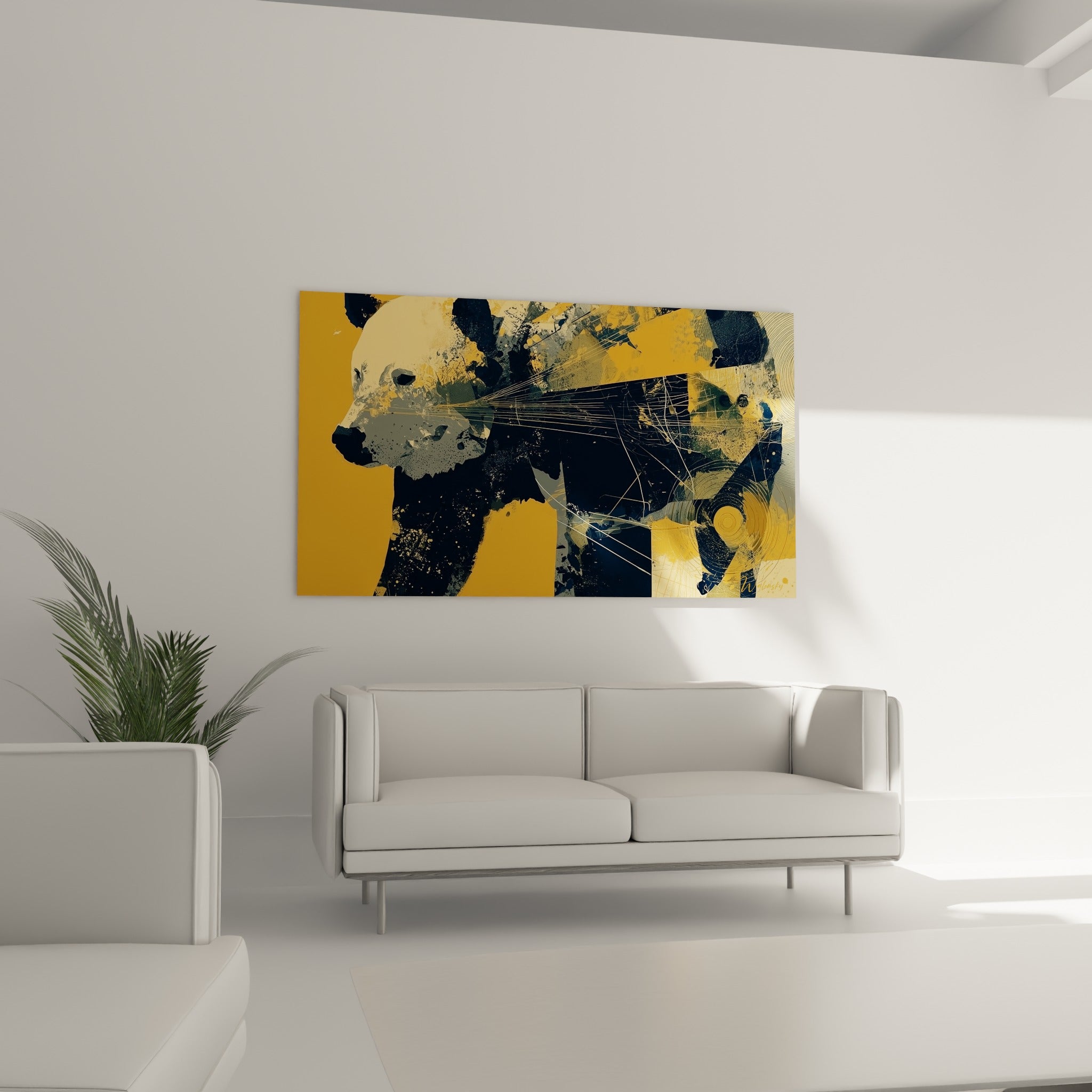 Ours brun bleu marine et doré, motifs géométriques abstraits, au-dessus d'un canapé dans un salon lumineux