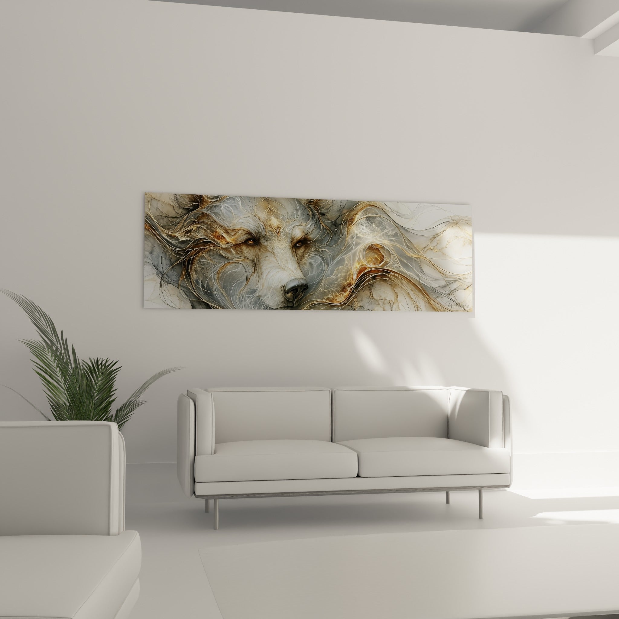 Museau sombre de l'ours brun entouré de volutes dorées et grises, tableau au-dessus d'un canapé dans un salon lumineux