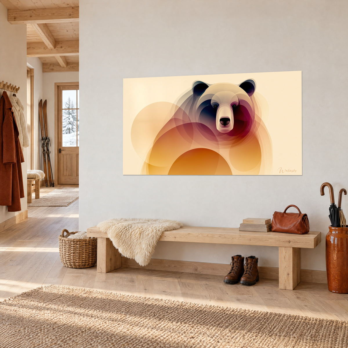 Schilderij portret van een bruine beer in oranje en pruimkleurige transparanties, crème achtergrond, aan een witte muur boven een houten chaletbank