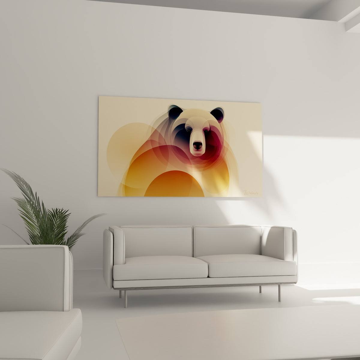 Silhouette d'ours brun géométrique aux dégradés dorés placée au-dessus d'un canapé dans un salon lumineux