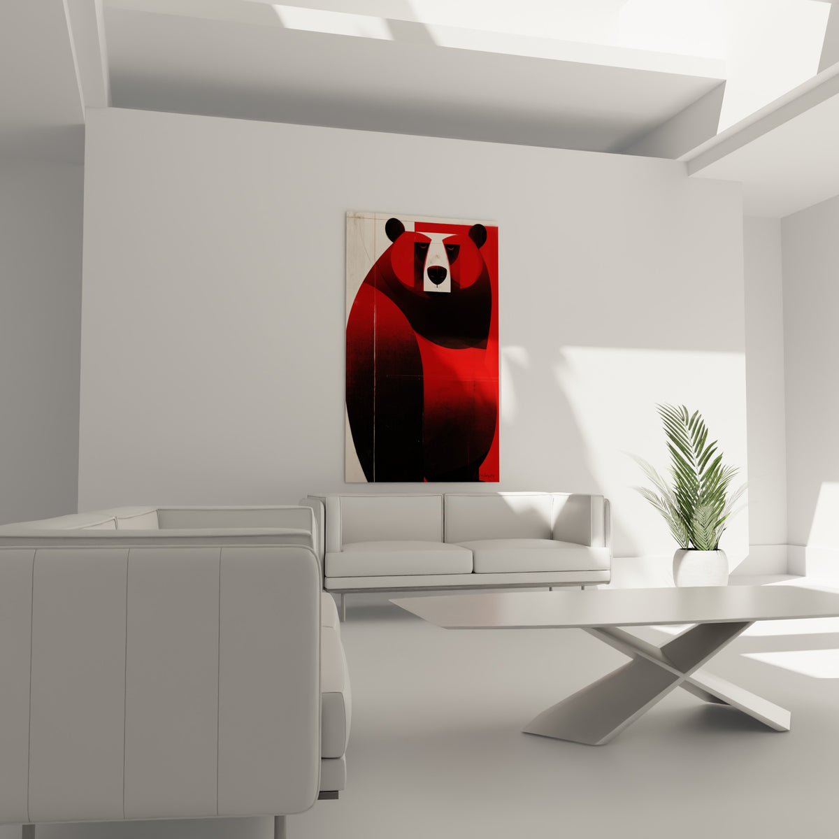 Silhouette massive de l'ours brun terracotta et noir, suspendue au-dessus d'un canapé dans un salon lumineux