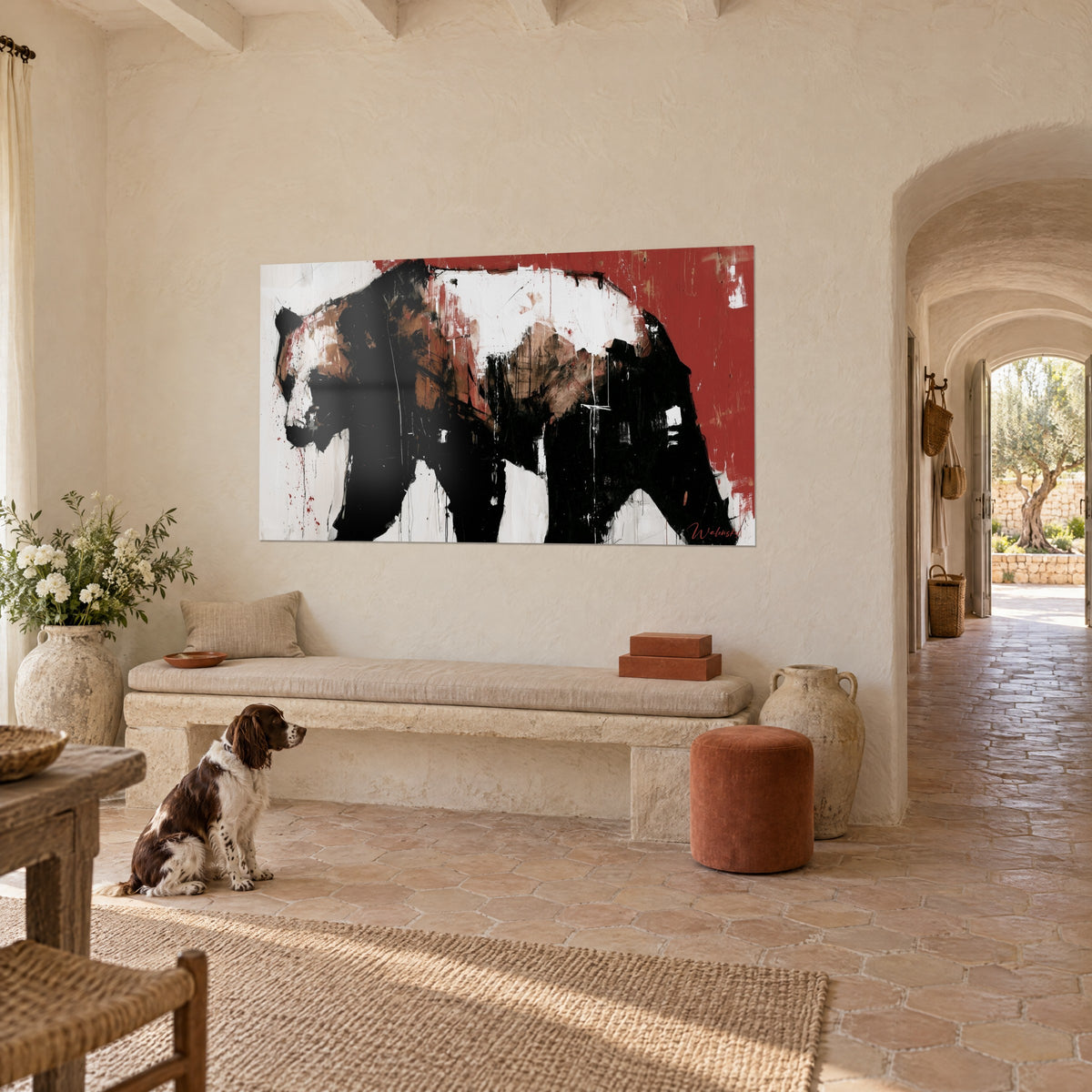 Wall art striding bear, white fur striped with black and brown, red splashes, Provençal farmhouse and spaniel