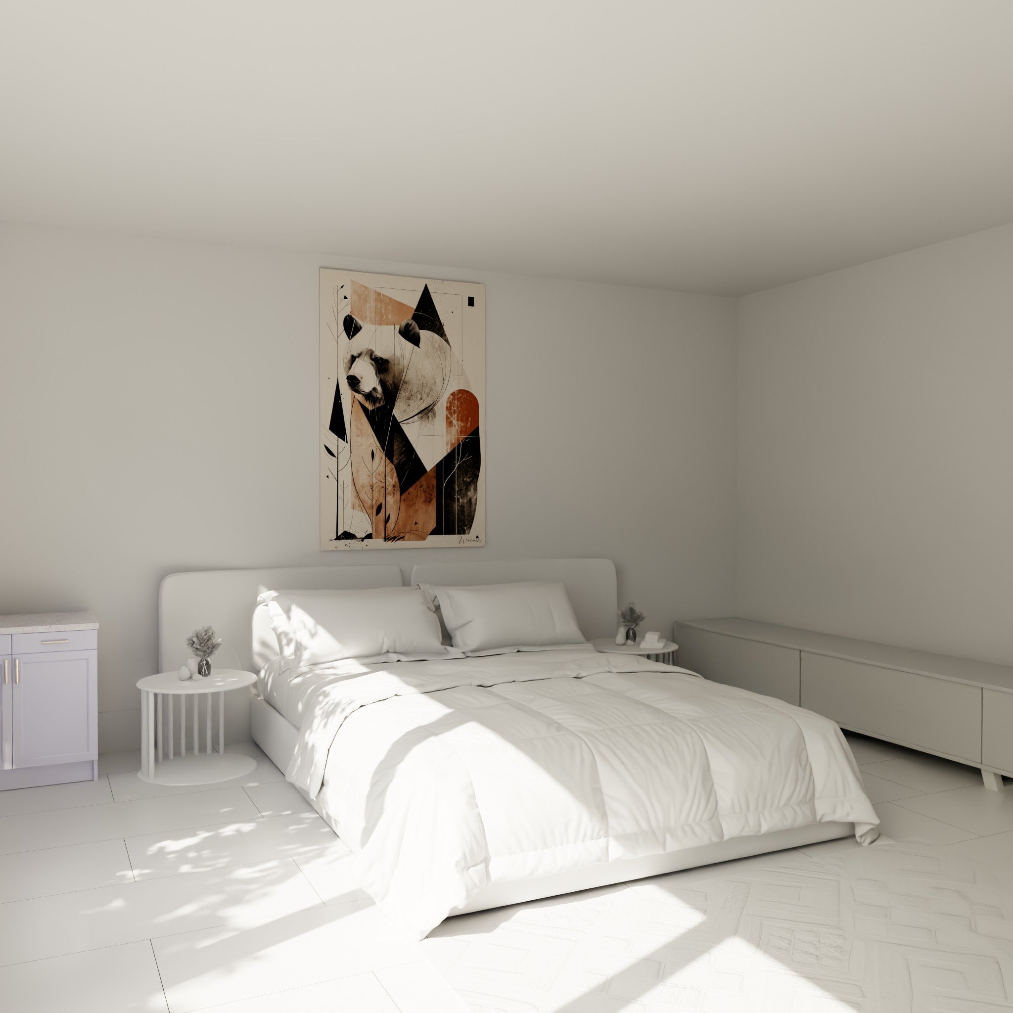 Ours brun graphique aux tons terracotta et noir, accroché au-dessus d'un lit dans une chambre claire