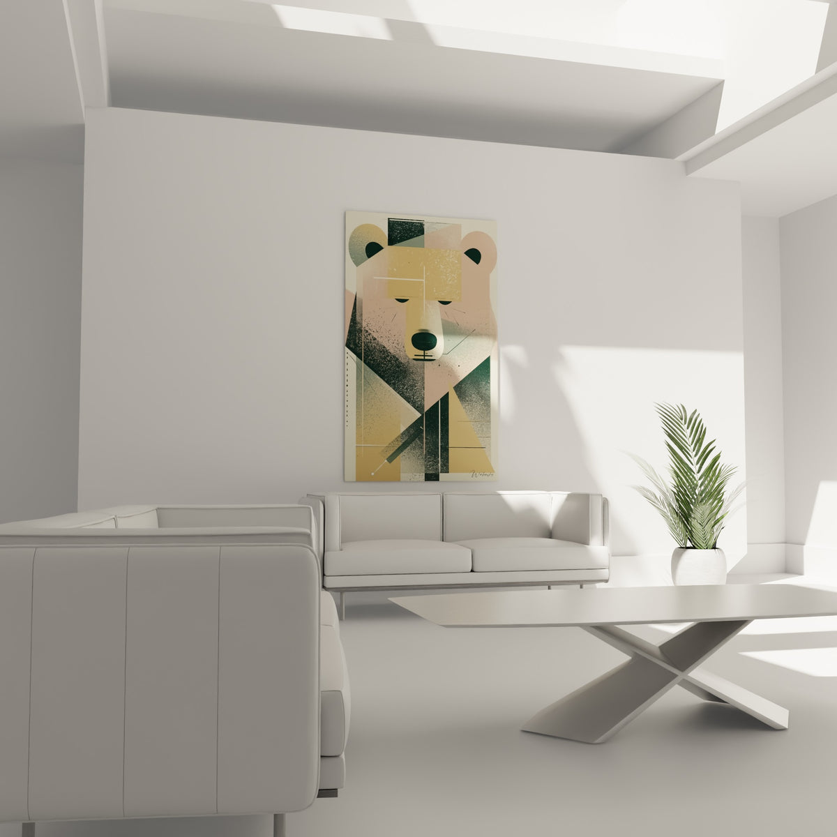 Ours brun graphique aux teintes anthracite et dorées disposé au-dessus d'un canapé dans un salon lumineux