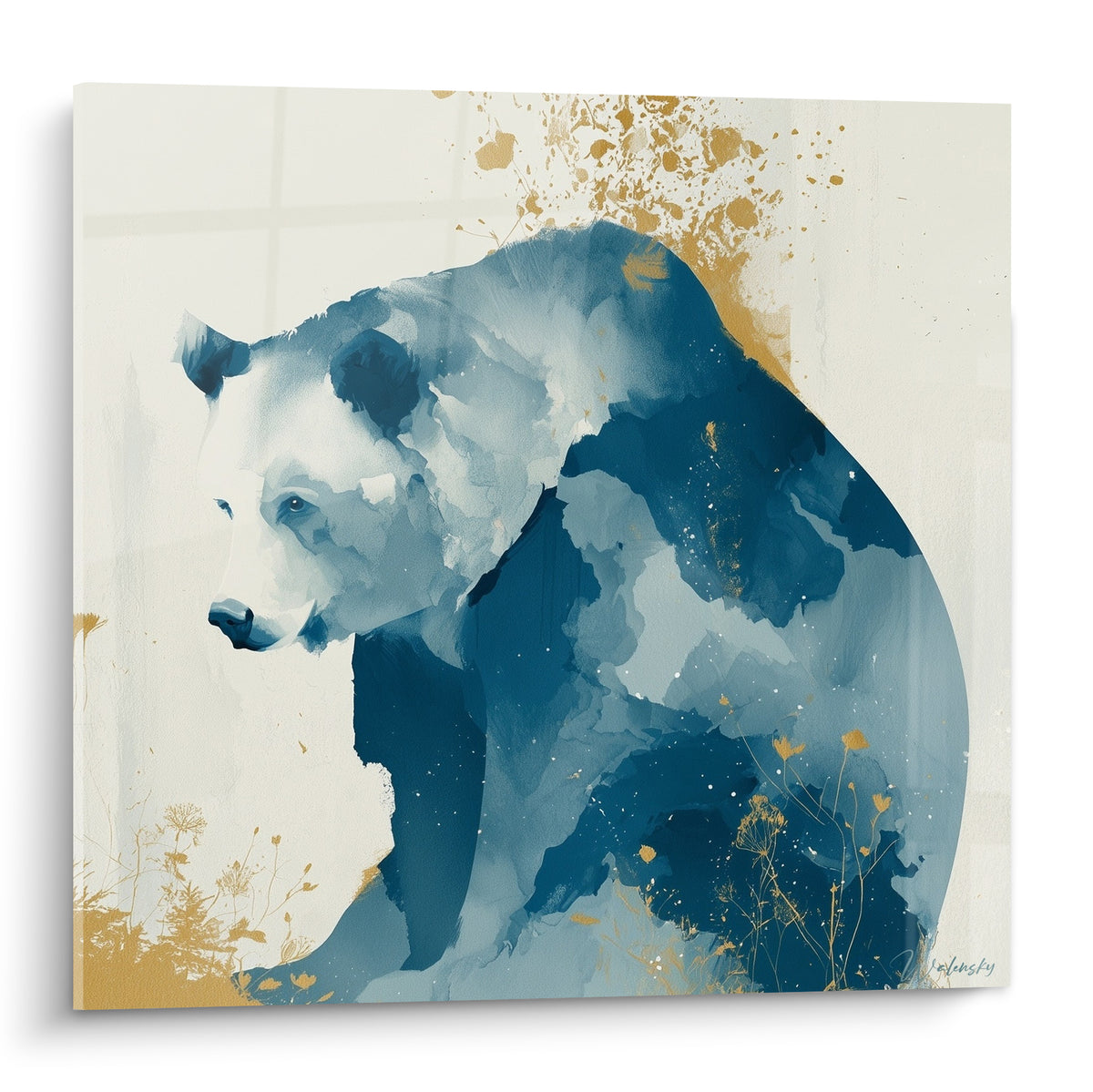 Ours brun assis en aquarelle bleu marine et doré, museau clair, éclaboussures dorées au-dessus du dos