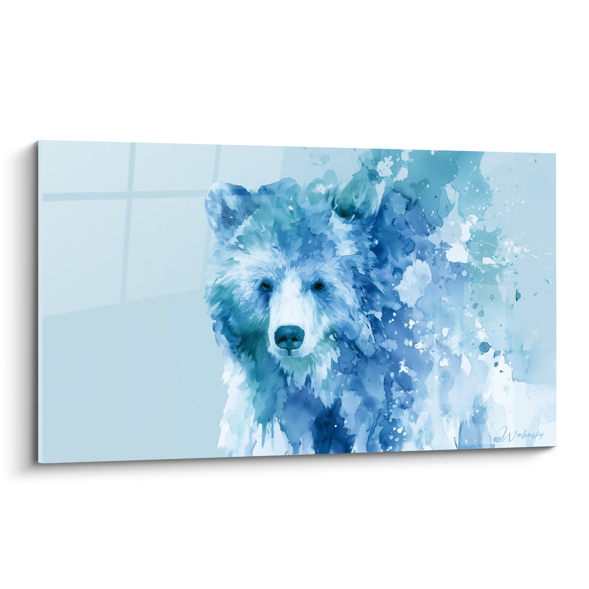 Ours brun en aquarelle bleu marine et blanc, museau net et éclaboussures dégradées