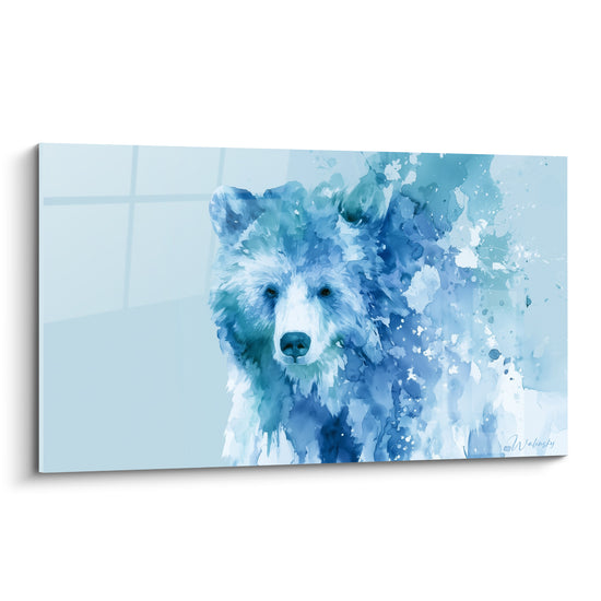 Ours brun en aquarelle bleu marine et blanc, museau net et éclaboussures dégradées