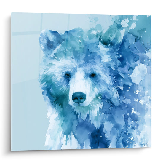 Ours brun en aquarelle bleu marine et blanc, regard fixe, éclaboussures turquoise sur fond pastel