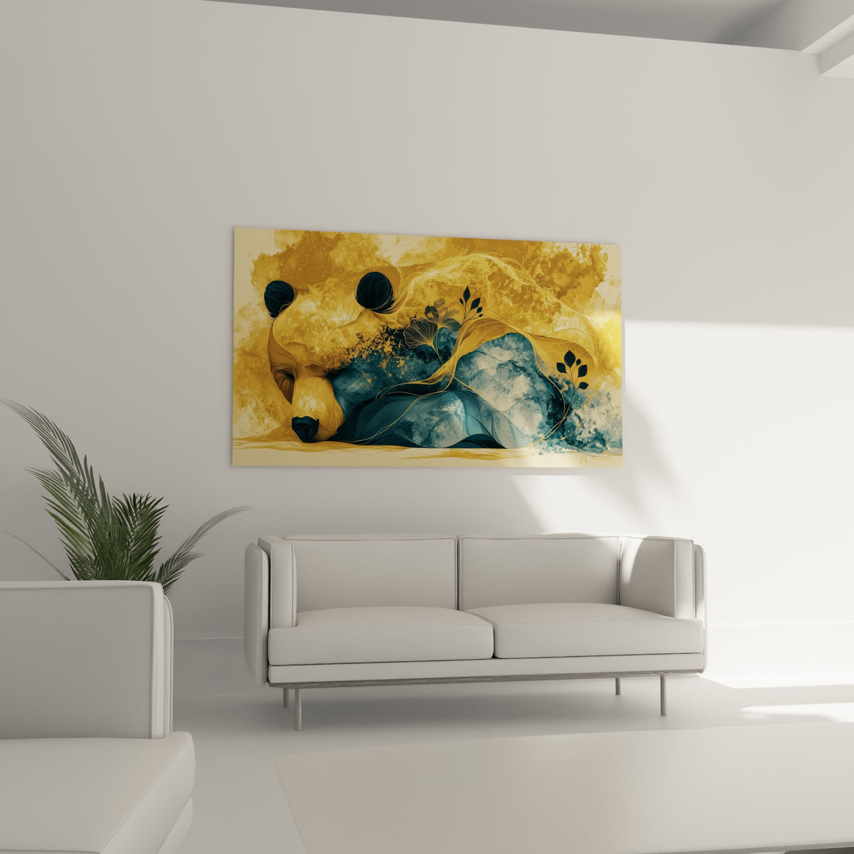 Représentation d'ours brun aux nuances ocre et pétrole disposée au-dessus d'un canapé dans un salon lumineux