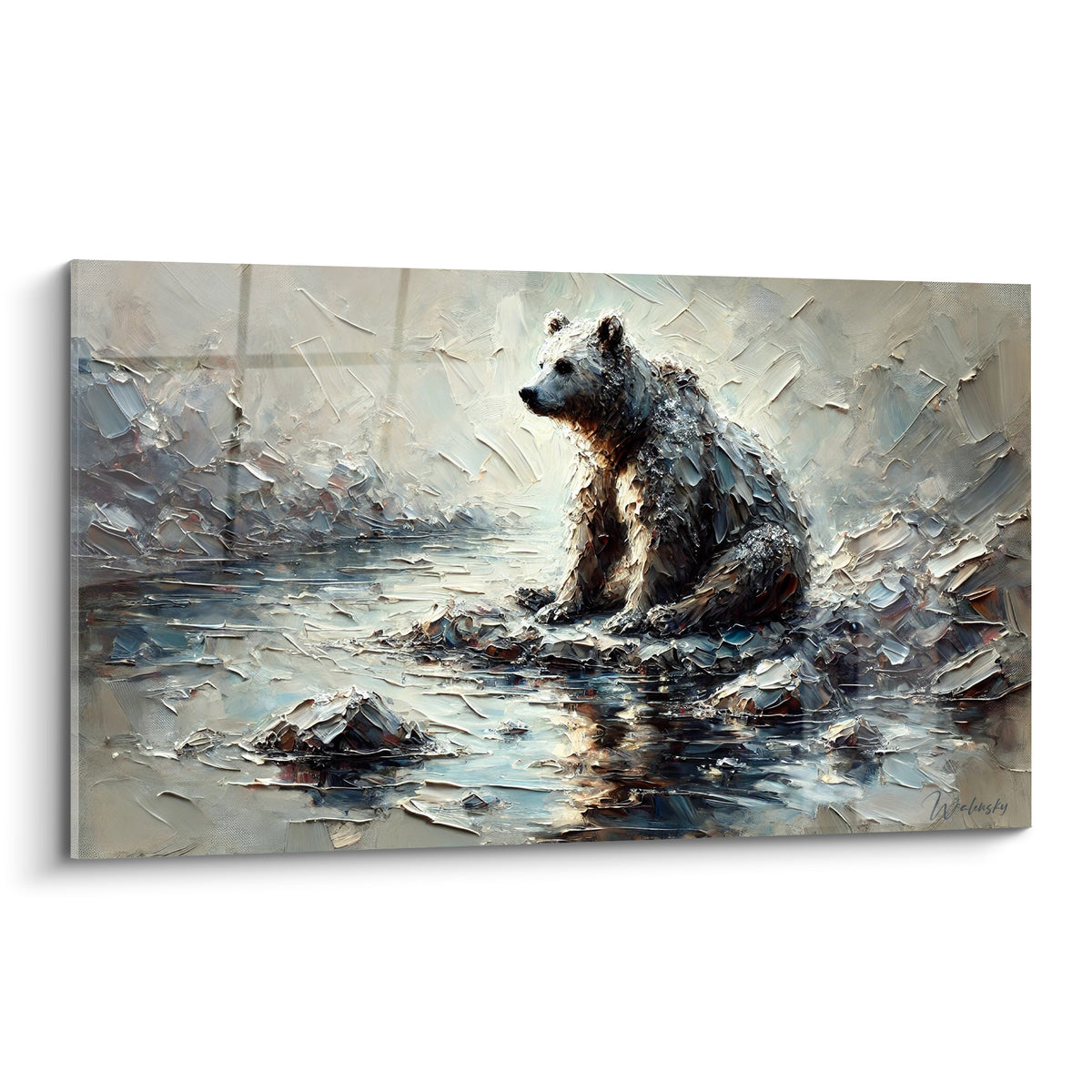 Ours brun assis sur un rocher, pelage gris argenté et ocre, peinture texturée au couteau