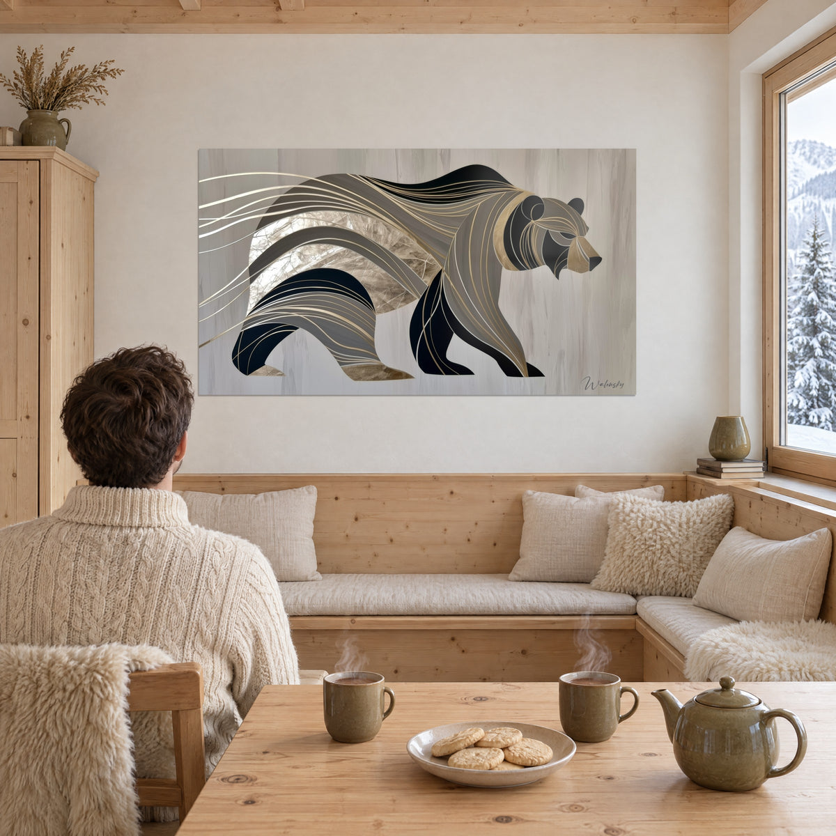 Wall art wild cat in grey and black mosaic, silver foil on the flank, facing a man seen from behind seated on a light wood bench
