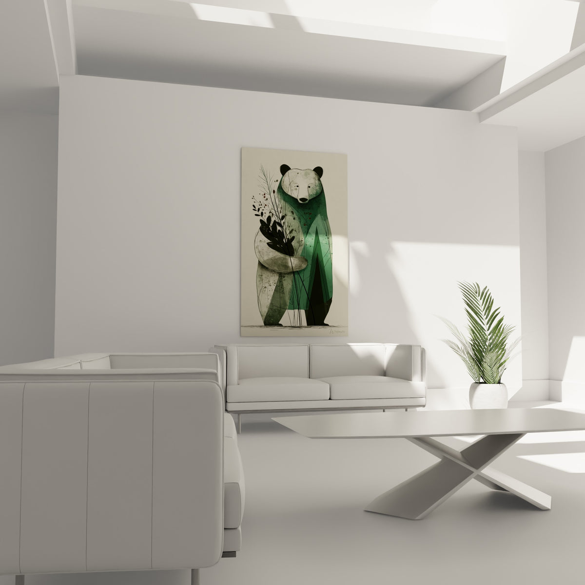 Illustration d'ours brun aux tons verts et anthracite mêlée de feuillages, au-dessus d'un canapé dans un salon lumineux