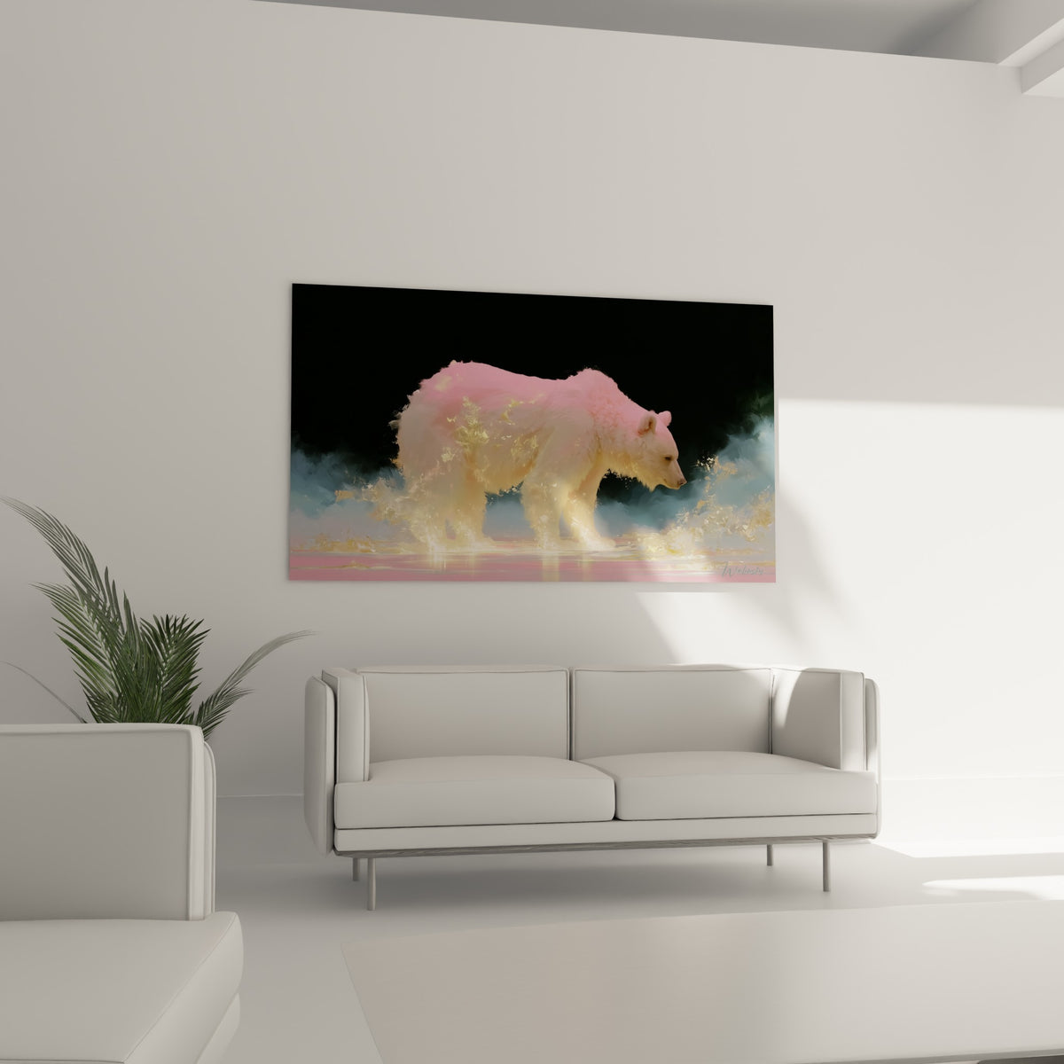 Ours brun rose pastel aux touches dorées scintillantes, fond bleu ardoise, au-dessus d'un canapé dans un salon lumineux