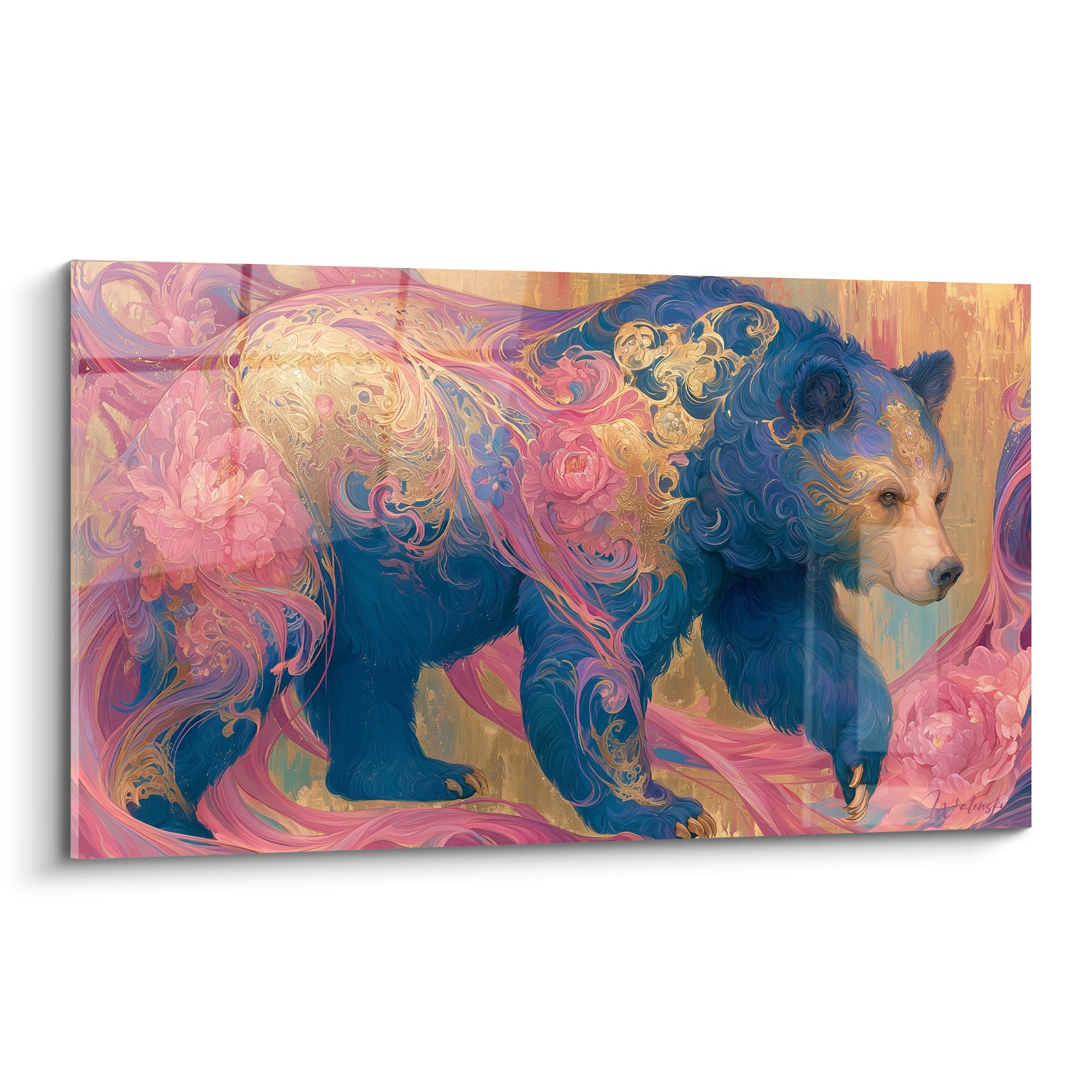 Ours brun bleu nuit avance parmi des pivoines roses et volutes dorées éclatantes