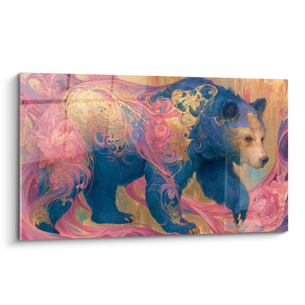 Tableau Ours bleu aux volutes dorées et roses - Traversée fleurie - Edition Ours brun