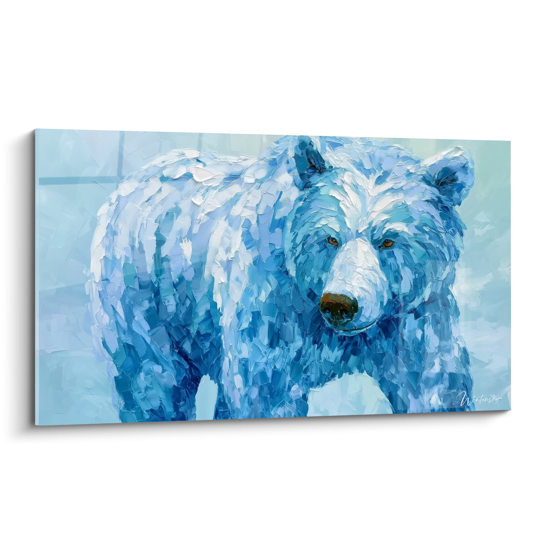 Ours brun peint en bleu pastel et blanc neigeux, regard ambré fixe et texture empâtée dense