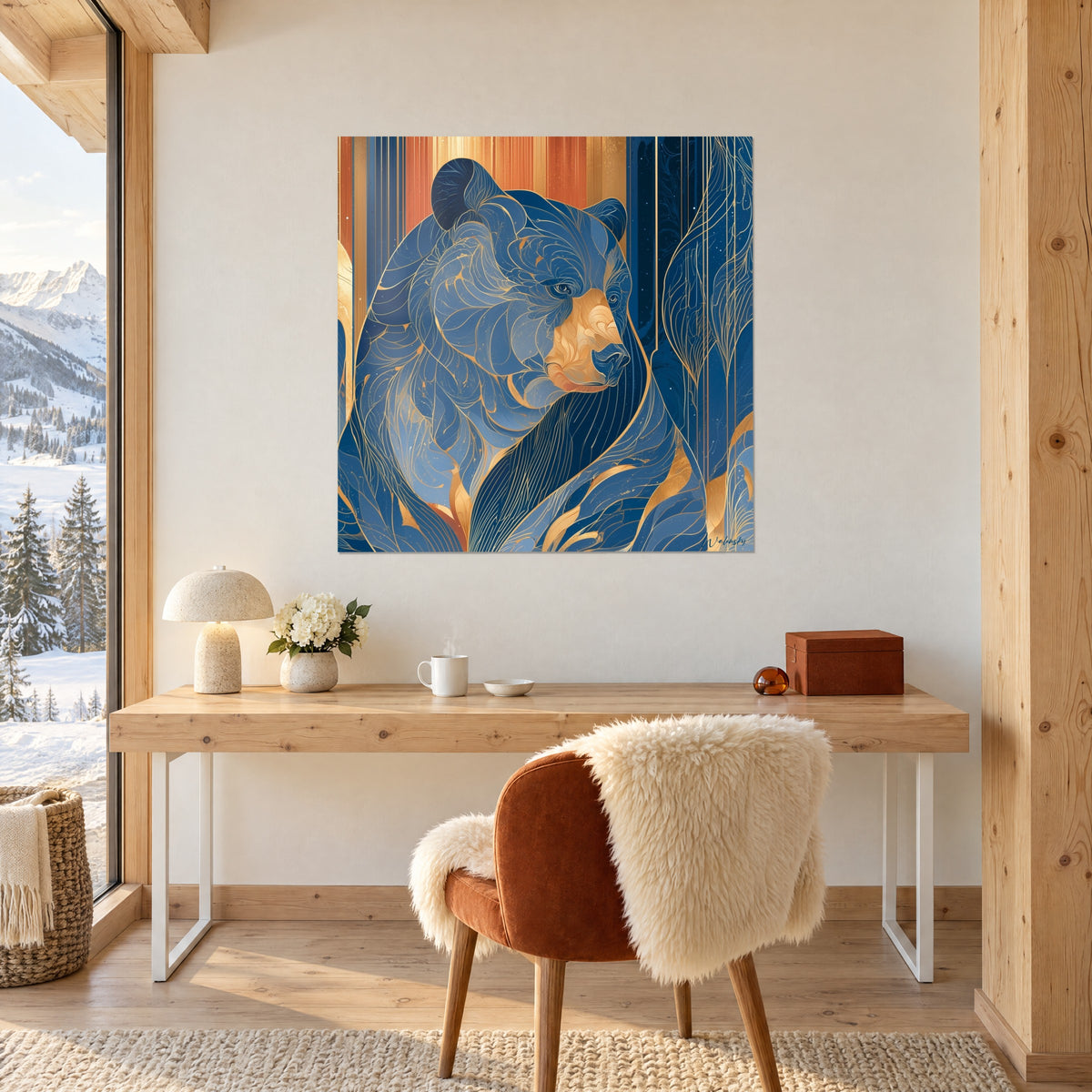 Cuadro Majestuoso oso azul denim atravesado por hilos de oro, fondo óxido, encima de un escritorio de madera clara